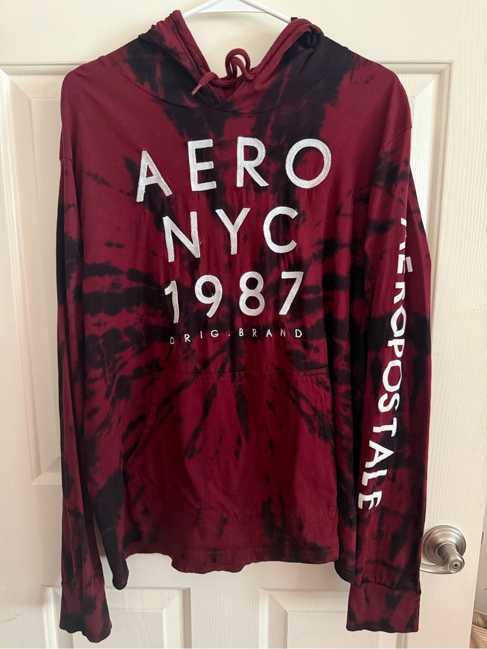 Aeropostale Burgundy and Black Tie-Dye Hoodie with AERO NYC 1987